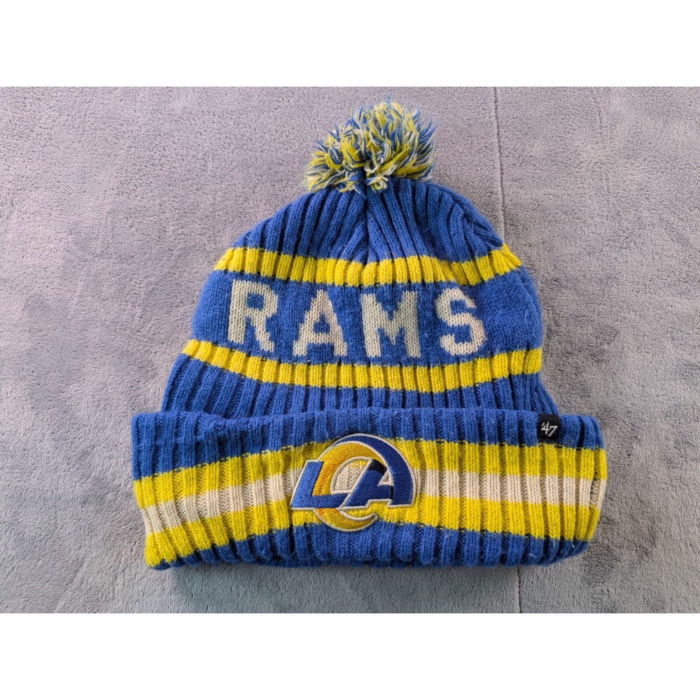 47 Brand Los Angeles Rams Blue Yellow Knit Cuffed Pom Beanie Fleece Lined OSFA